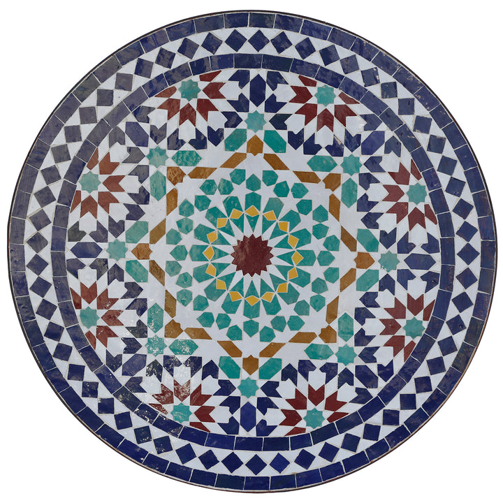 Table de patio Ø60 cm avec mosaïque traditionnelle de Zellige en bleu, turquoise, blanc, ocre et rouge