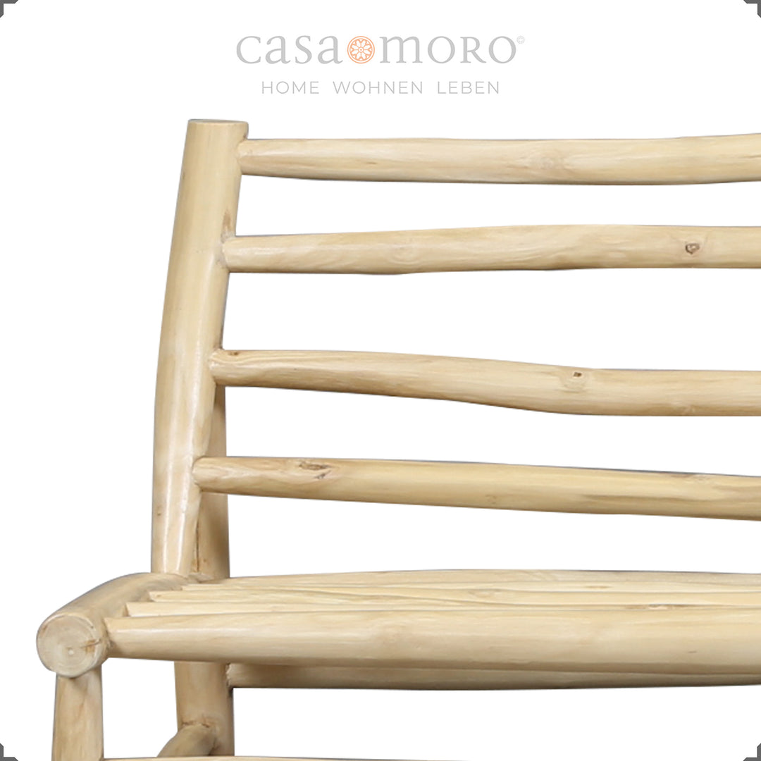 Canapé trois places en teck 180 × 86 × 72 cm, structure en bois naturel avec coussins d'assise et de dossier