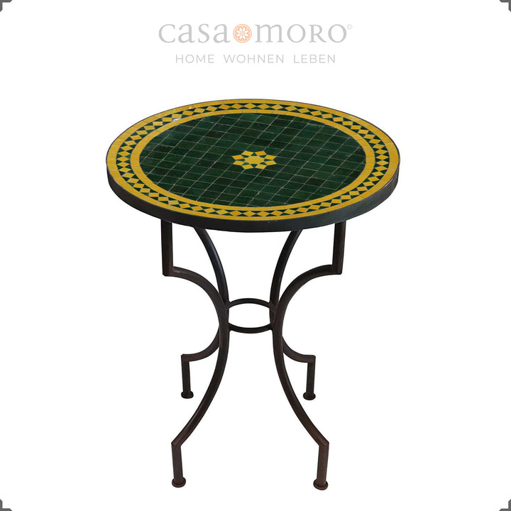Bistrotafel met zellige mozaïek in groen en geel op een gebogen frame
