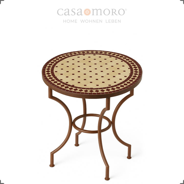 Table de patio compacte avec cadre en fer forgé laqué transparent et mosaïque faite à la main