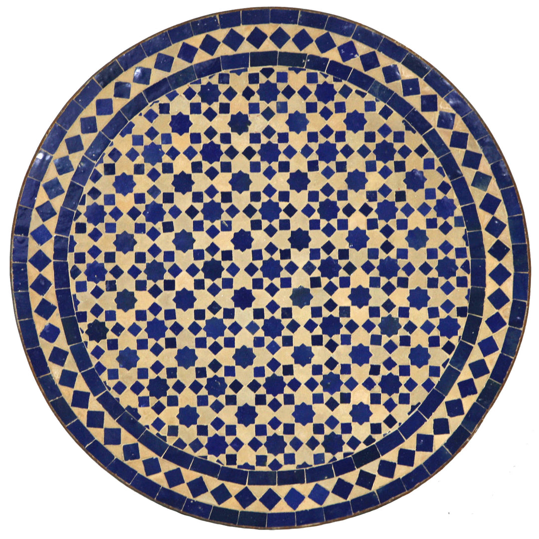 Table ronde en mosaïque Ø 60 cm avec mosaïque de zellige bleu sur fond terre cuite