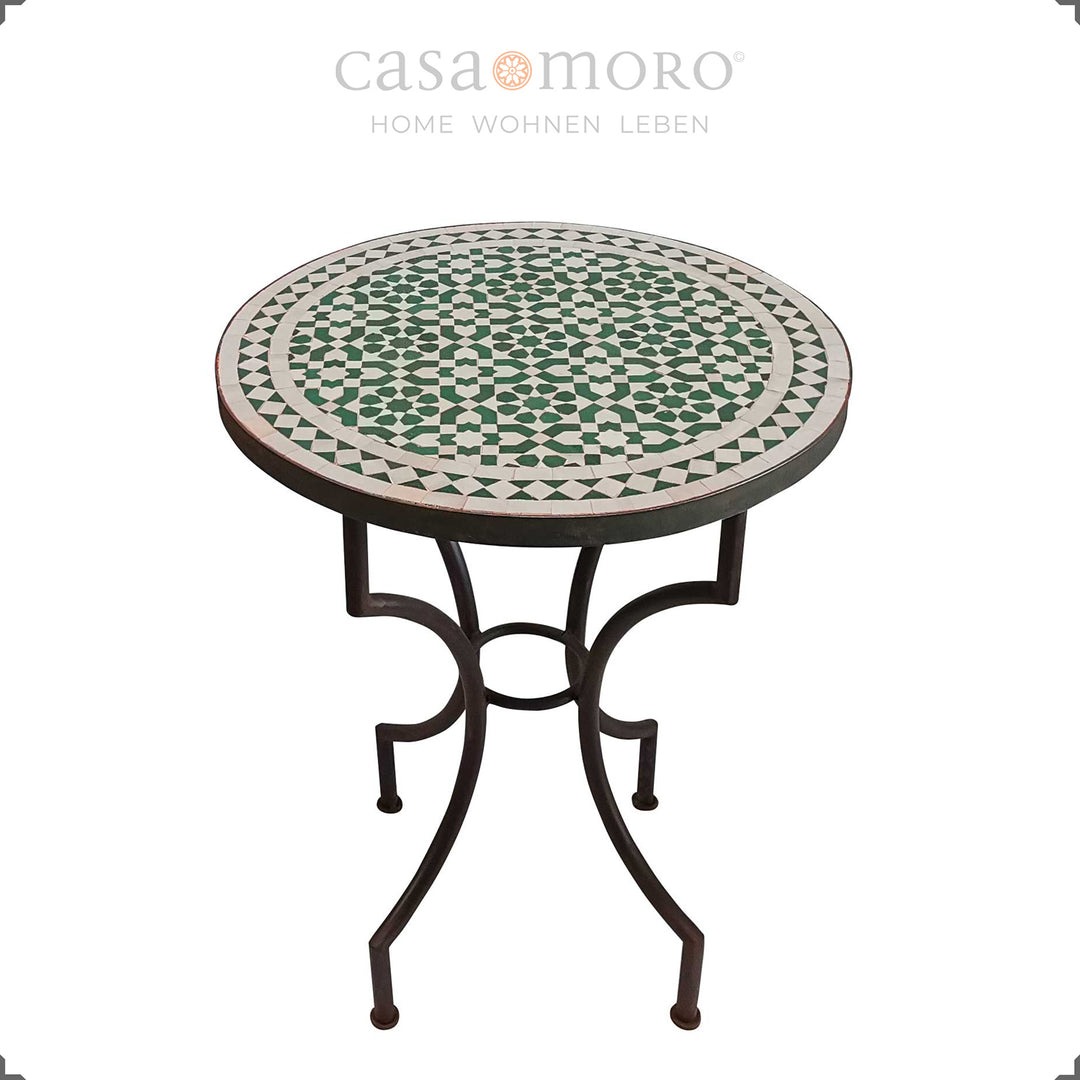 Table de jardin faite main avec motif zellige en vert et blanc, table bistro ronde