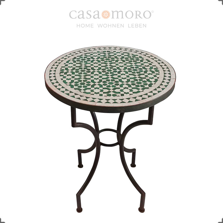 Table de jardin faite main avec motif zellige en vert et blanc, table bistro ronde