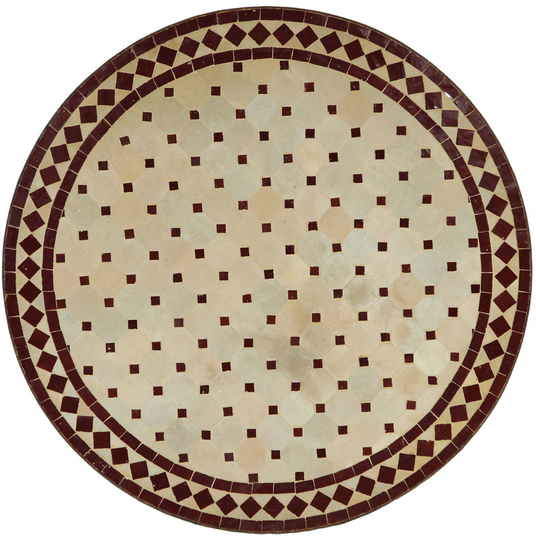 Table de balcon ronde 80 cm avec mosaïque de Zellige posée à la main dans les tons bordeaux et naturels