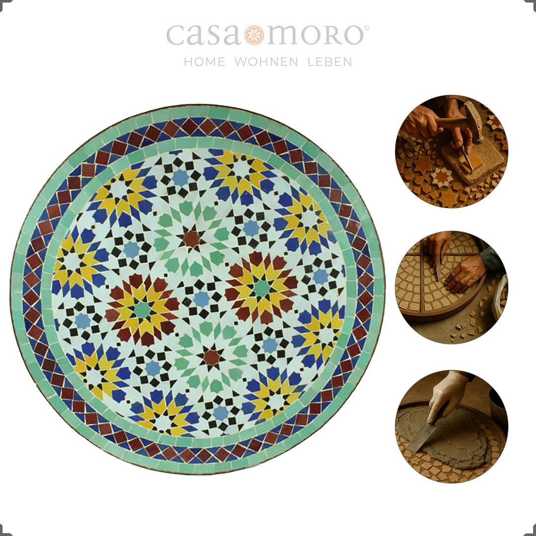 Kompakter Gartentisch mit mehrfarbiger Zellige-Oberfläche – stabiler, vielseitig einsetzbarer Bistrotisch