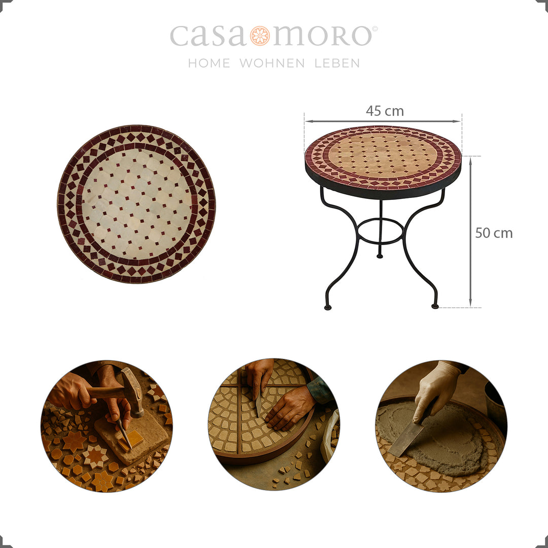 Bijzettafel met Zellige mozaïek in Bordeaux terracotta, flexibel voor de keuken, tuin, hal of terras