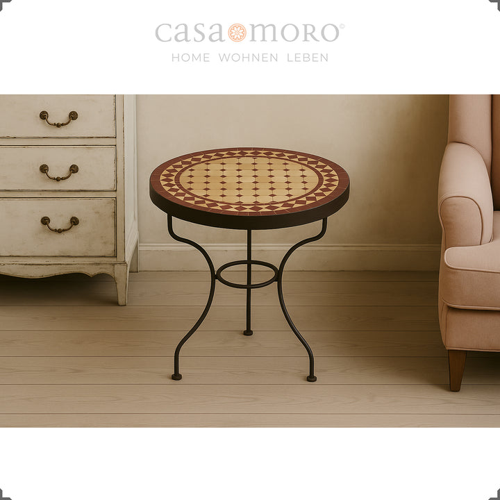 Opbergtafel met bordeaux terracotta mozaïek, diameter 45 cm, tafelhoogte 50 cm