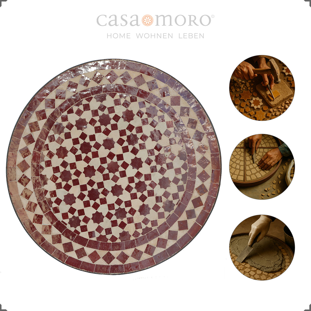 Ronde tafel met sterrenmozaïek in warme rode tinten, geschikt als salontafel of opbergtafel