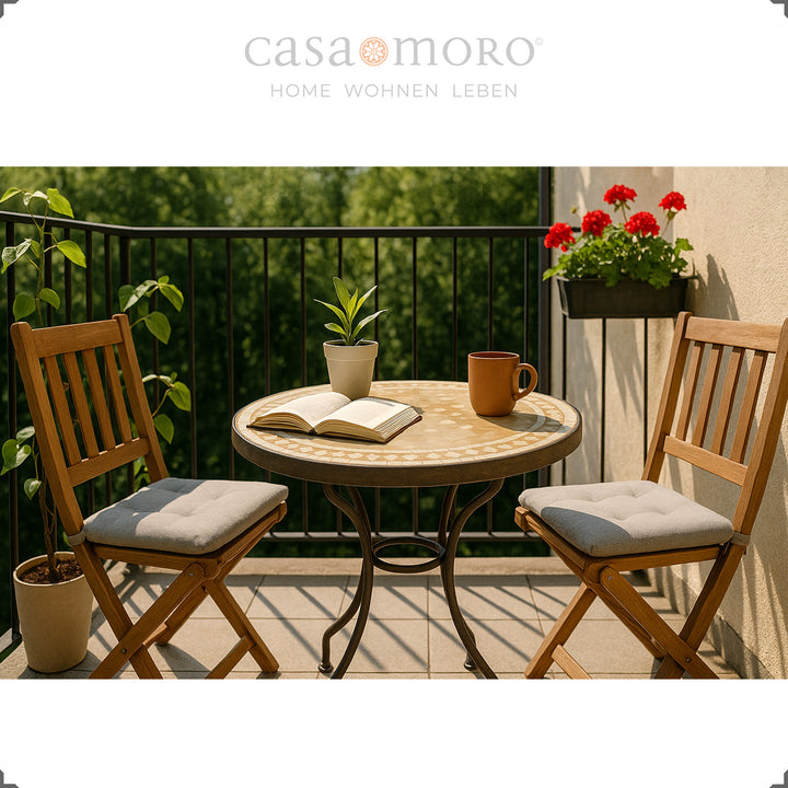 Mosaik-Balkontisch mit Klarlack-versiegeltem Schmiedeeisengestell, ohne Verschraubung