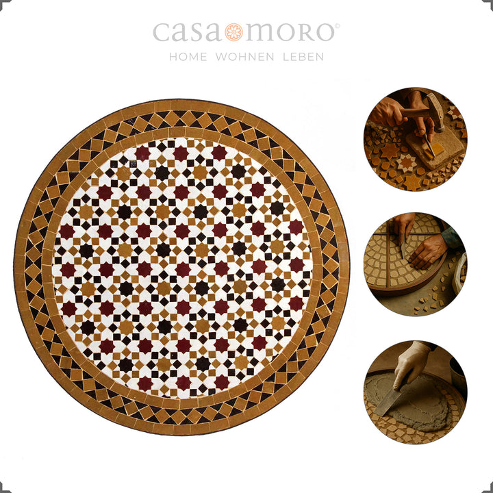 Stabiele balkontafel met mozaïekblad op een gebogen smeedijzeren frame