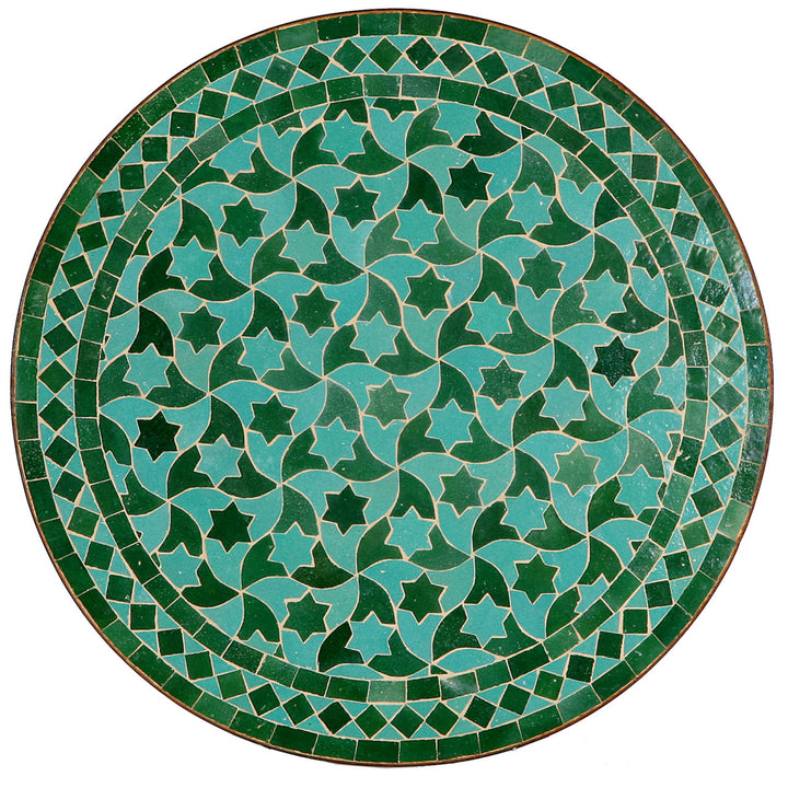 Ronde mozaïektafel Ø 60 cm met groen halvemaanvormig sterpatroon - handgemaakt in Marokko