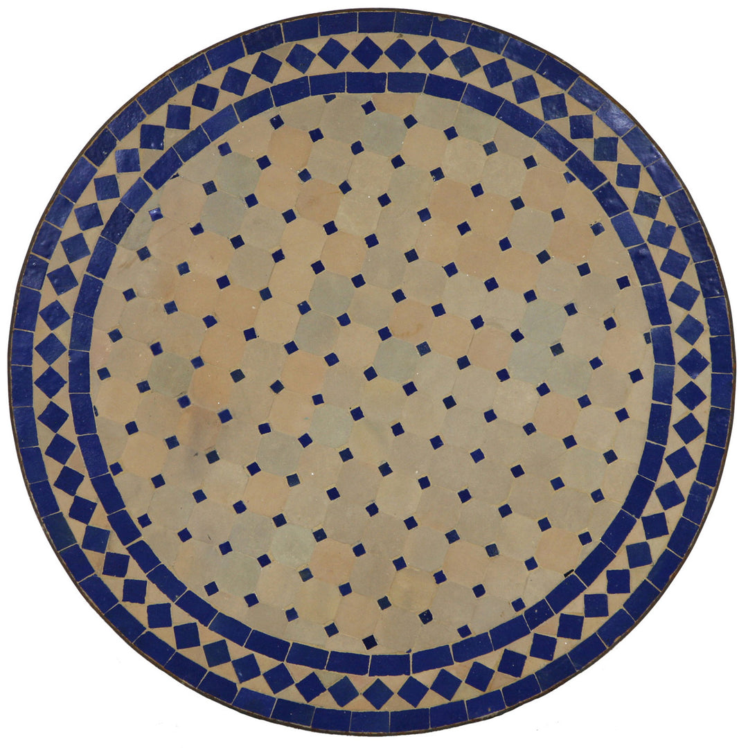 Table de jardin ronde 100 cm avec mosaïque Zellige en terre cuite bleue, fabriquée artisanalement au Maroc