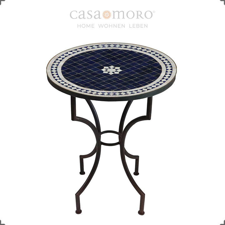 Balkontafel met blauw mozaïekblad en metalen frame – Ø 60 cm