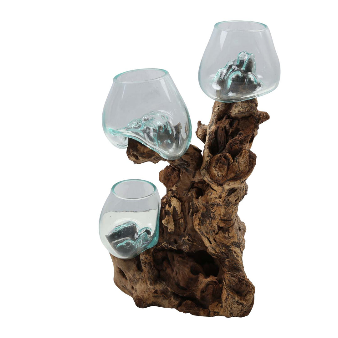 Drei Glasvasen 12 cm auf Wurzelholz