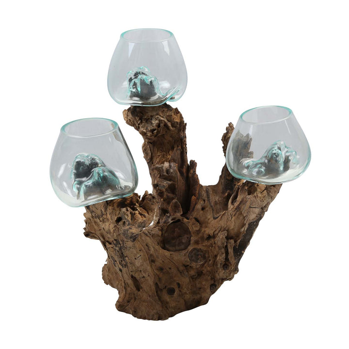 Drei Glasvasen 12 cm auf Wurzelholz