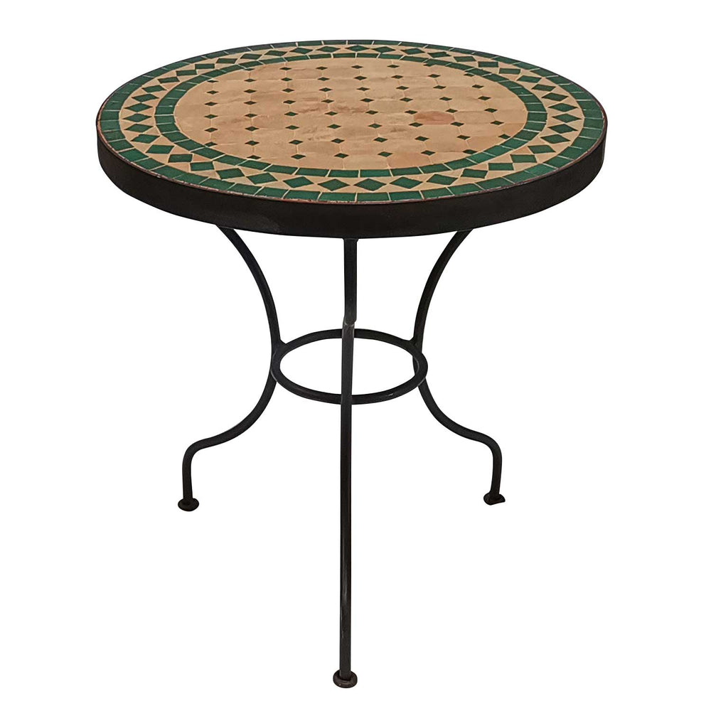 Table compacte en mosaïque avec surface en terre cuite verte, format rond, fabriquée à la main au Maroc