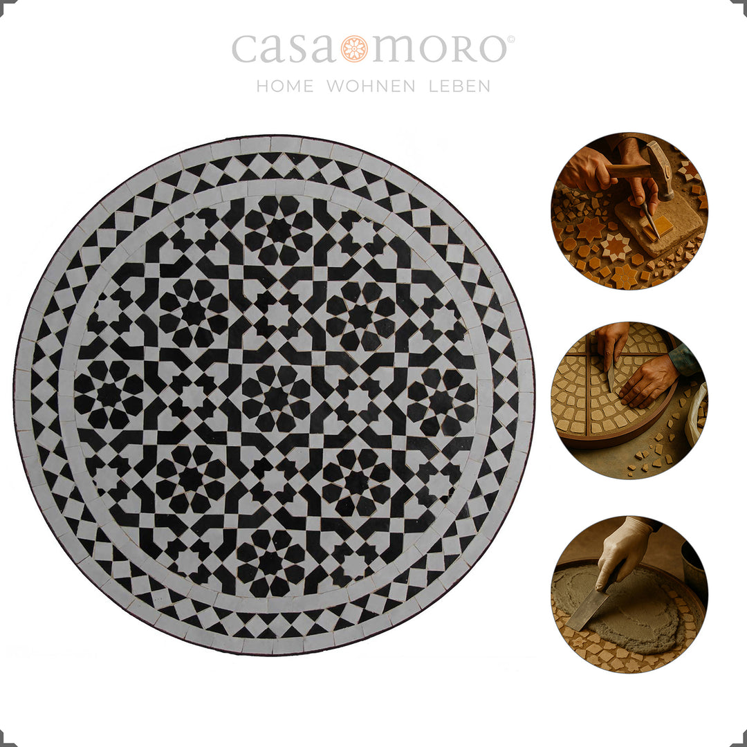 Mozaïektafel met een artistiek zwart-wit patroon en gebogen frame
