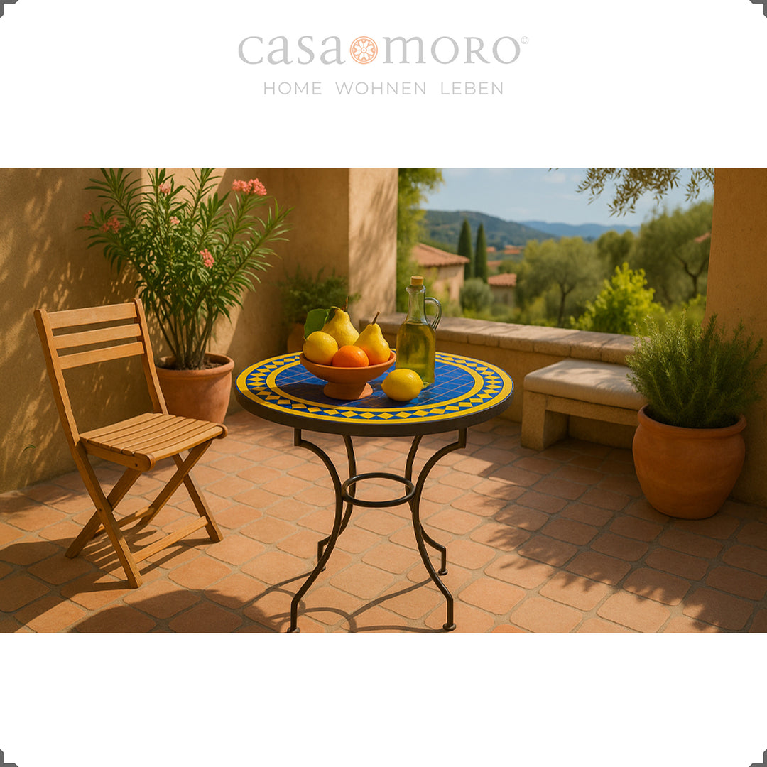 Kobaltblauwe zellige tafel met gele rand - Marokkaanse mozaïektafel Ø 60 cm