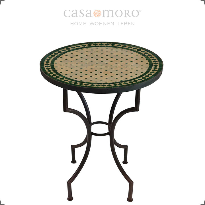 Table en mosaïque 60 cm avec motif en forme d'étoile dans les tons verts et naturels - fait main au Maroc
