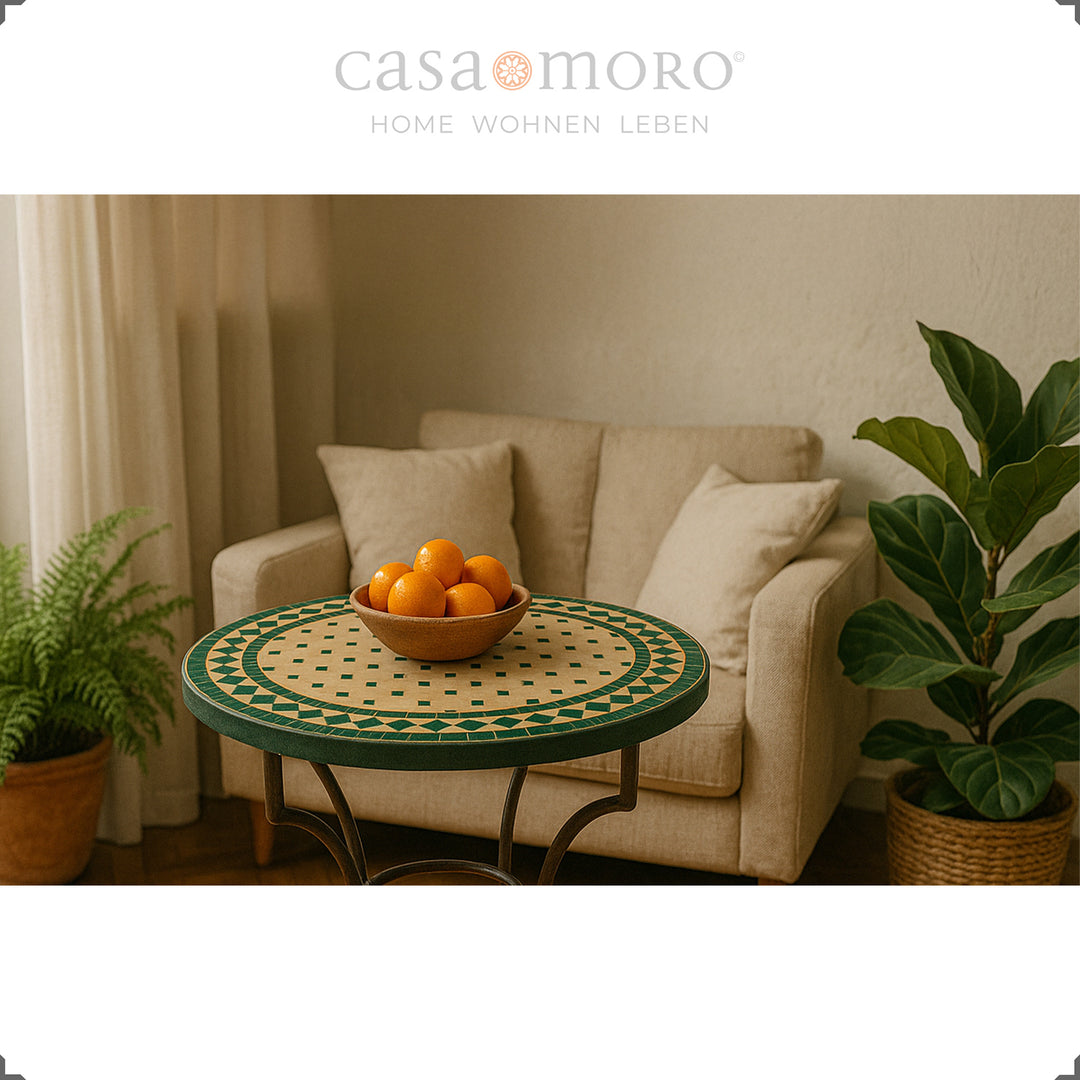 Table en Zellige vert pour la terrasse, la cuisine ou le jardin d'hiver - Usage méditerranéen, d'inspiration rétro, urbain