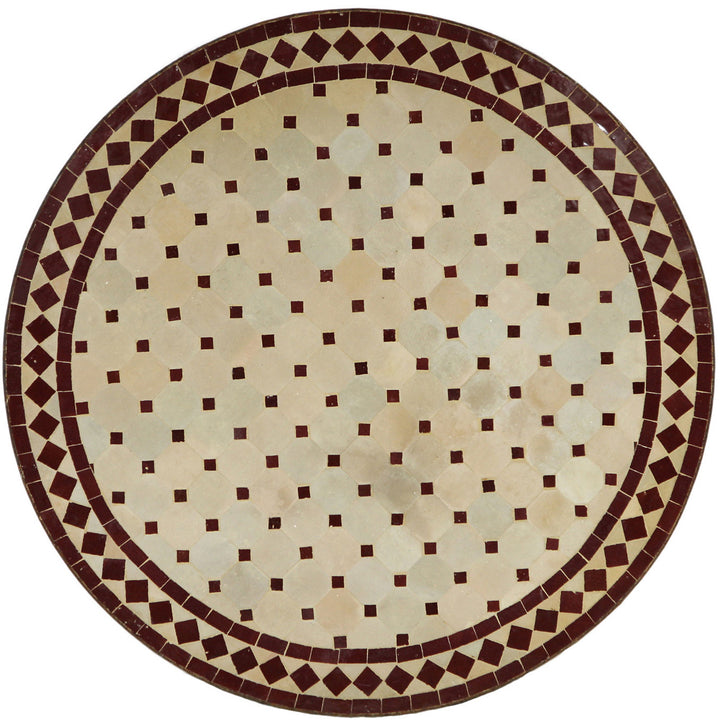 Patiotafel rond 120 cm met mozaïekblad gemaakt van handgemaakte Zellige tegels in Bordeaux terracotta