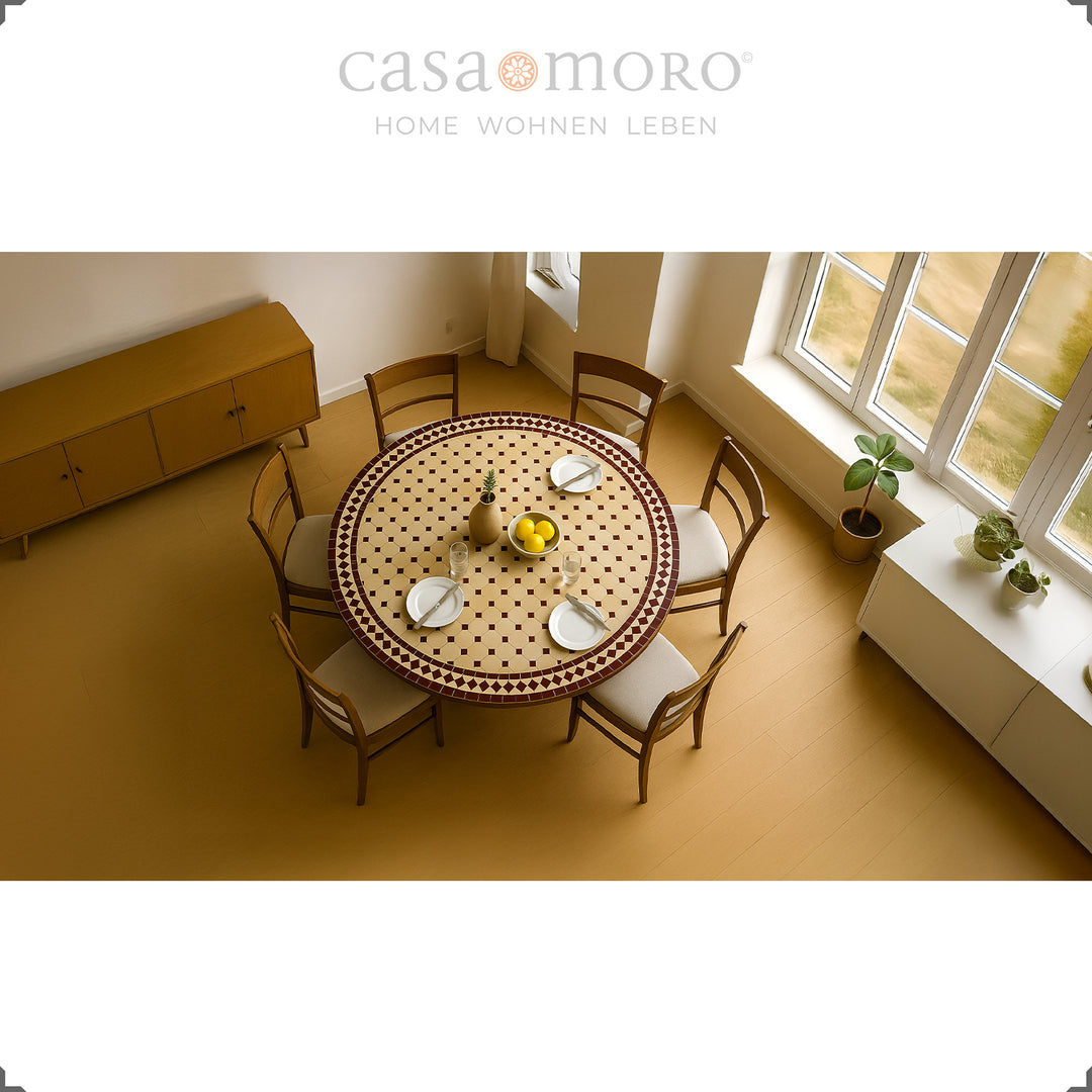 Ronde mozaïektafel met stevig smeedijzeren frame - handgemaakt, zonder schroeven