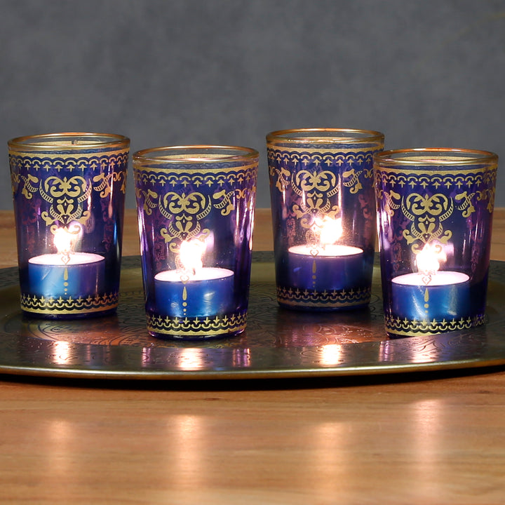 Theelichtglas blauw goud, set van 6
