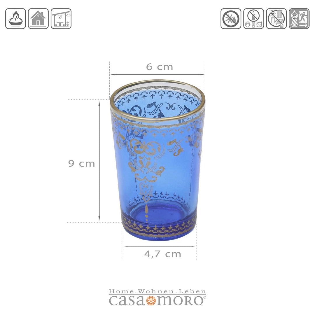 Theelichtglas blauw goud, set van 6