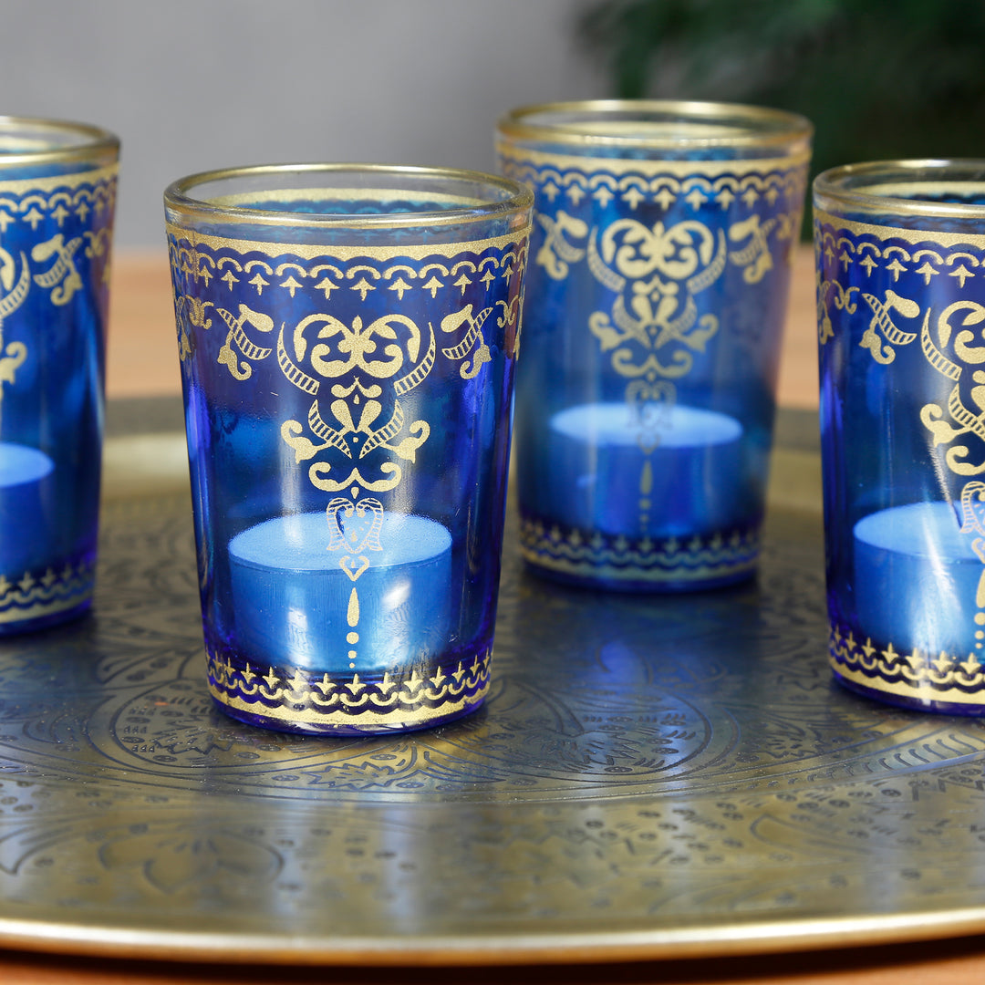 Theelichtglas blauw goud, set van 6