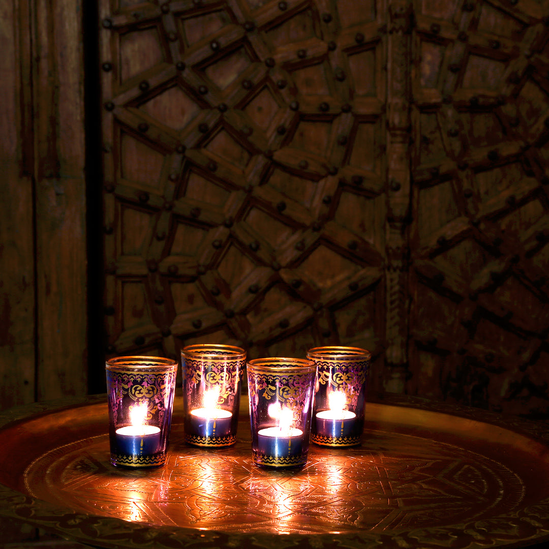 Theelichtglas blauw goud, set van 6