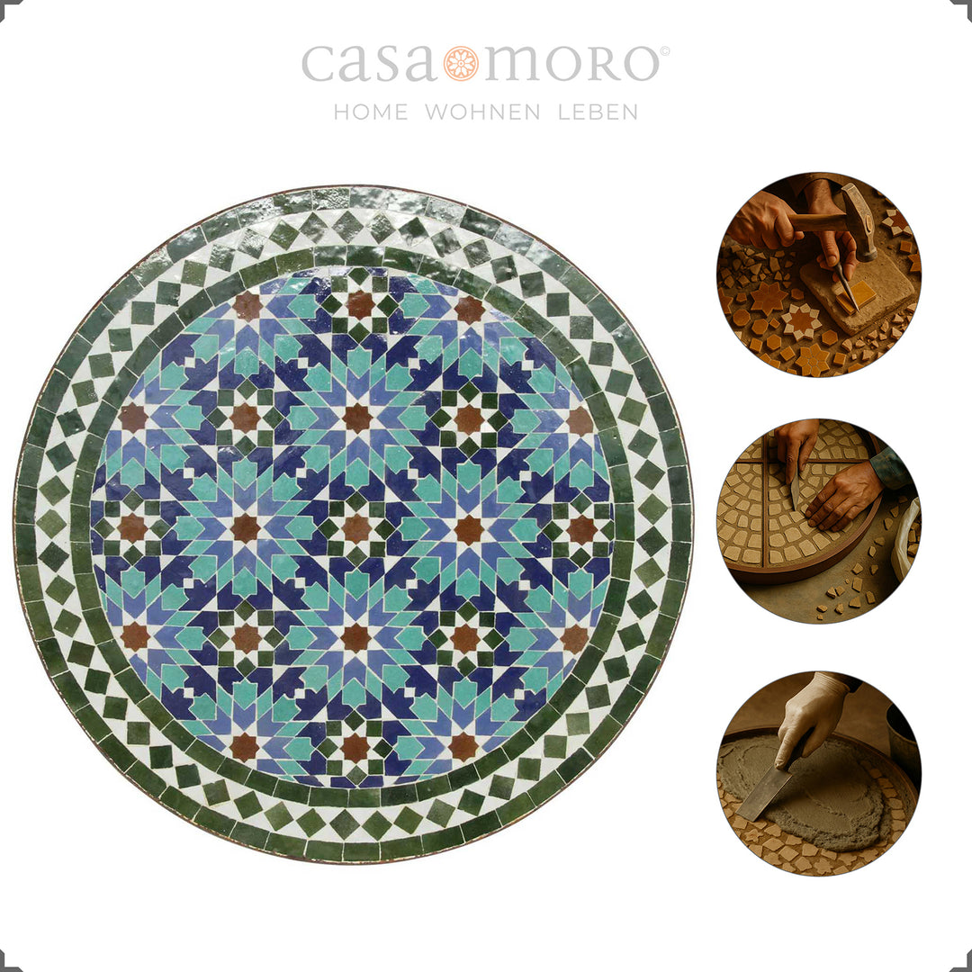 Table en zellige avec plateau en mosaïque pesant env. 18 kg - table basse décorative pour le jardin, le balcon ou le couloir