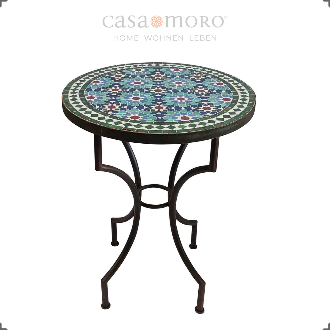 Table de bistro avec un motif d'étoiles orientales en turquoise, émeraude, bleu et blanc - table compacte pour balcon et cuisine