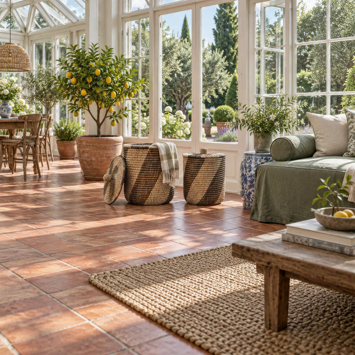 Seegraskörbe mit ca. 40 und 65 Litern Volumen im Wintergarten, der größere offen mit Decke, der kleinere geschlossen.