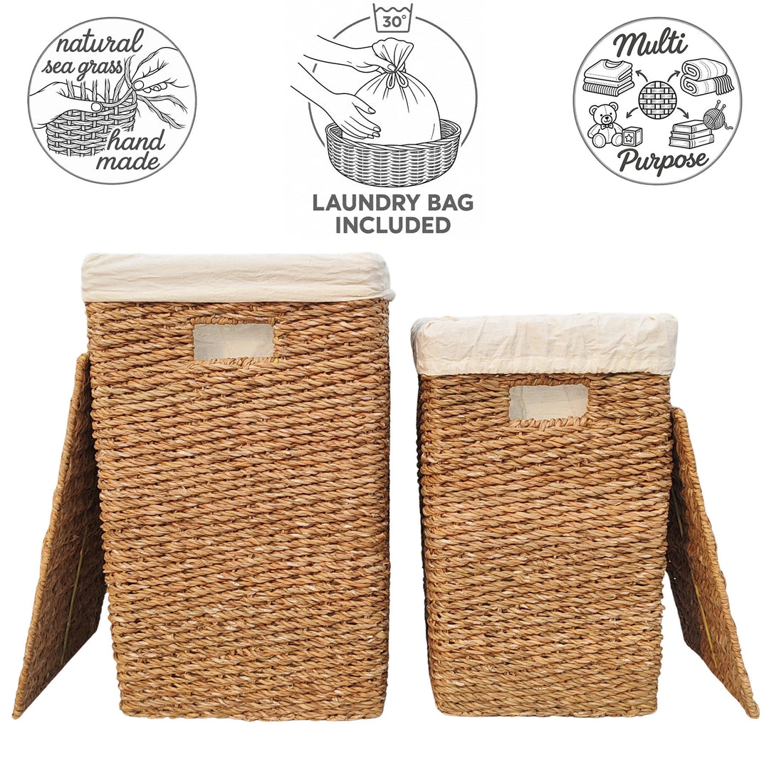 Paniers de rangement avec couvercle, d'une capacité de 50 et 90 litres : en jonc de mer tressé à la main ; sacs à linge lavables à 30 °C.