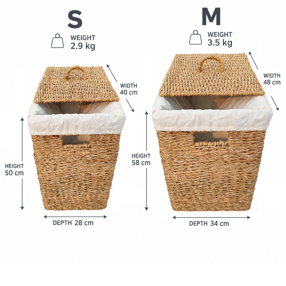 Paniers de rangement avec couvercle : S de 50 litres, 40 × 28 × 50 cm, 2,9 kg ; M de 90 litres, 48 × 34 × 58 cm, 3,5 kg (L × P × H).