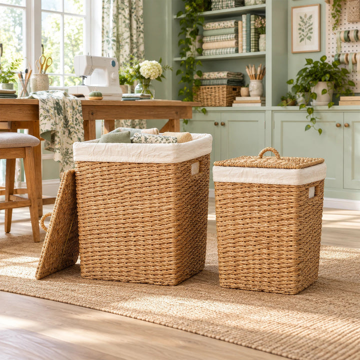 Deux paniers de rangement en jonc de mer avec couvercle, d'une capacité de 50 et 90 litres, dans l'atelier de couture, ainsi qu'un grand panier contenant des tissus.