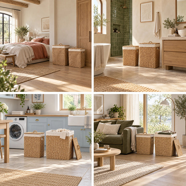 Collage : paniers de rangement avec couvercle, d'une capacité de 50 et 90 litres, dans la chambre, la salle de bains, la buanderie et le salon.