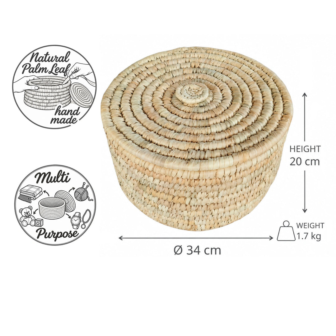 Panier de rangement avec couvercle en feuille de palmier, taille L : Ø 34 cm, 20 cm de hauteur, 15 litres de capacité et 1,7 kg.