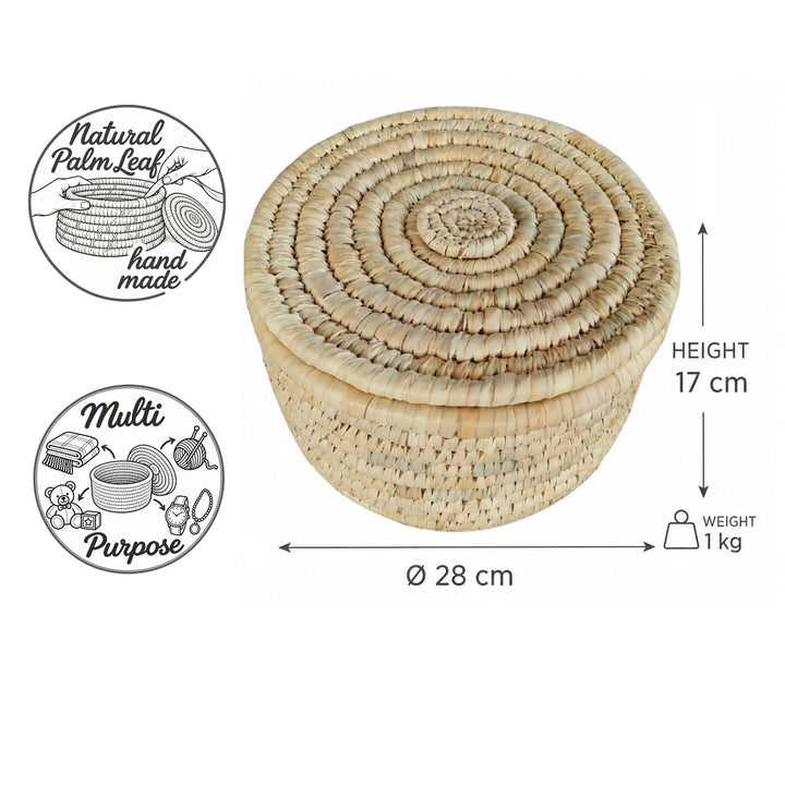 Handgevlochten opbergmand met deksel van palmblad, maat M: Ø 28 cm, 17 cm hoog en 1 kg zwaar.