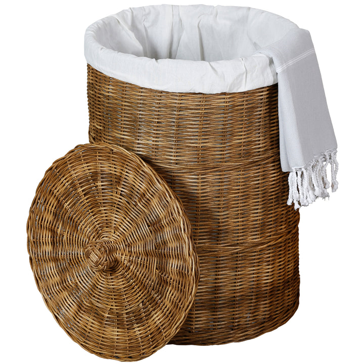 Panier de rangement en rotin marron foncé avec couvercle amovible et insert en coton blanc