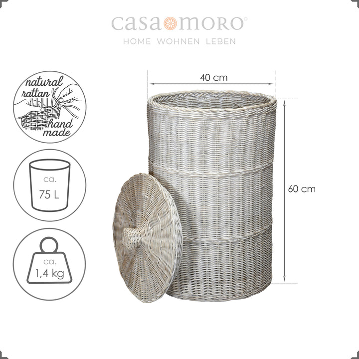 Ronde opbergmand van white wash rotan met een inhoud van ca. 75 liter en een hoogte van 60 cm, handgemaakt