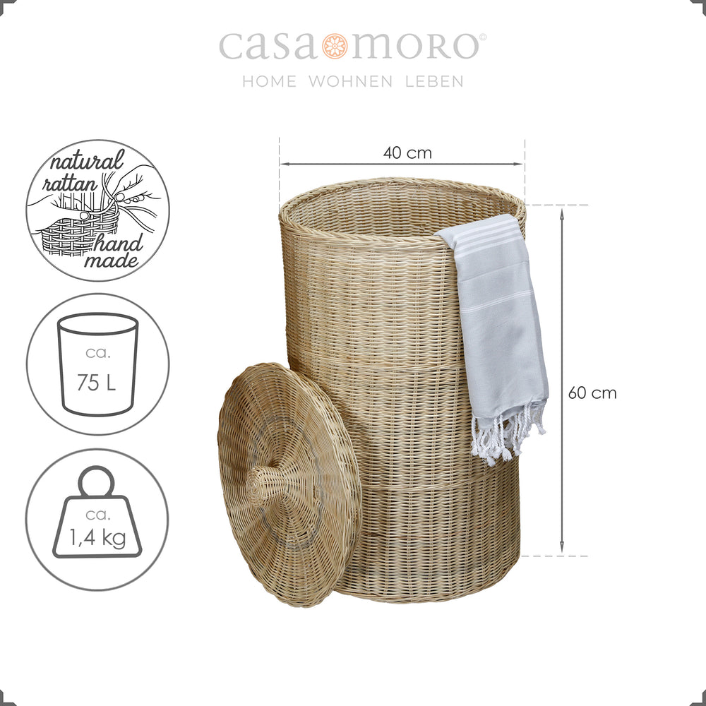 Hoge rotan mand model met deksel en hamamdoek, te gebruiken als opberg- of wasmand