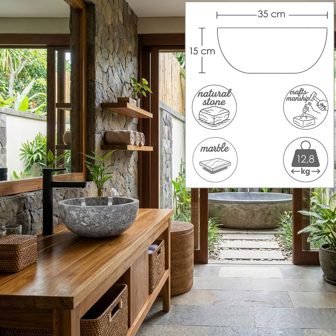 Vasque à poser en marbre et pierre naturelle sur console ronde en bois Lavabo dans la salle de bain spa avec des graphiques dimensionnels