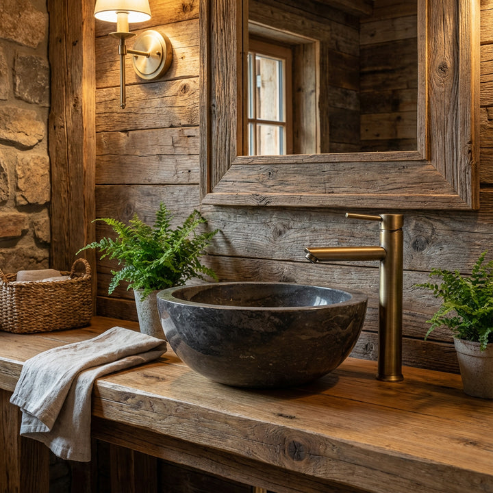 Ronde opzetwastafel van donker marmer op een rustieke houten console met messing beslag in een warme landelijke badkamer
