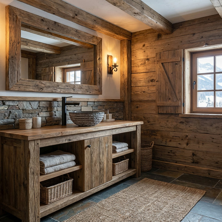 Lavabo rond en pierre naturelle sur lavabo en bois rustique dans une salle de bains confortable avec mur en pierre et lumière chaude