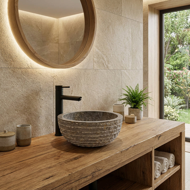 Vasque ronde à poser en pierre naturelle sur console en bois massif, salle de bain moderne avec mur en pierre, plantes et lumière du jour