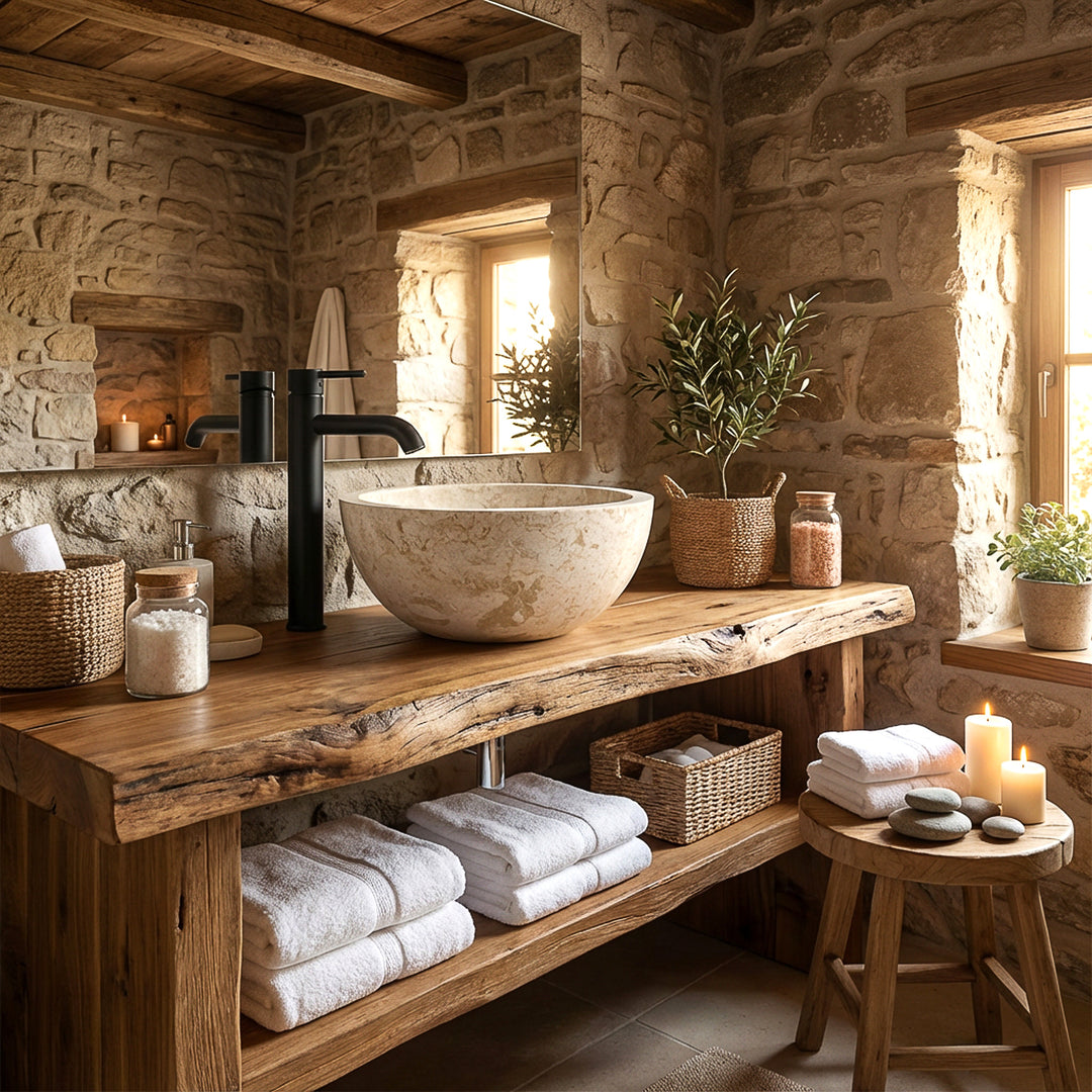 Ronde opzetwastafel van lichtsteen op een massief houten console met zwart beslag in een warme natuurstenen badkamer
