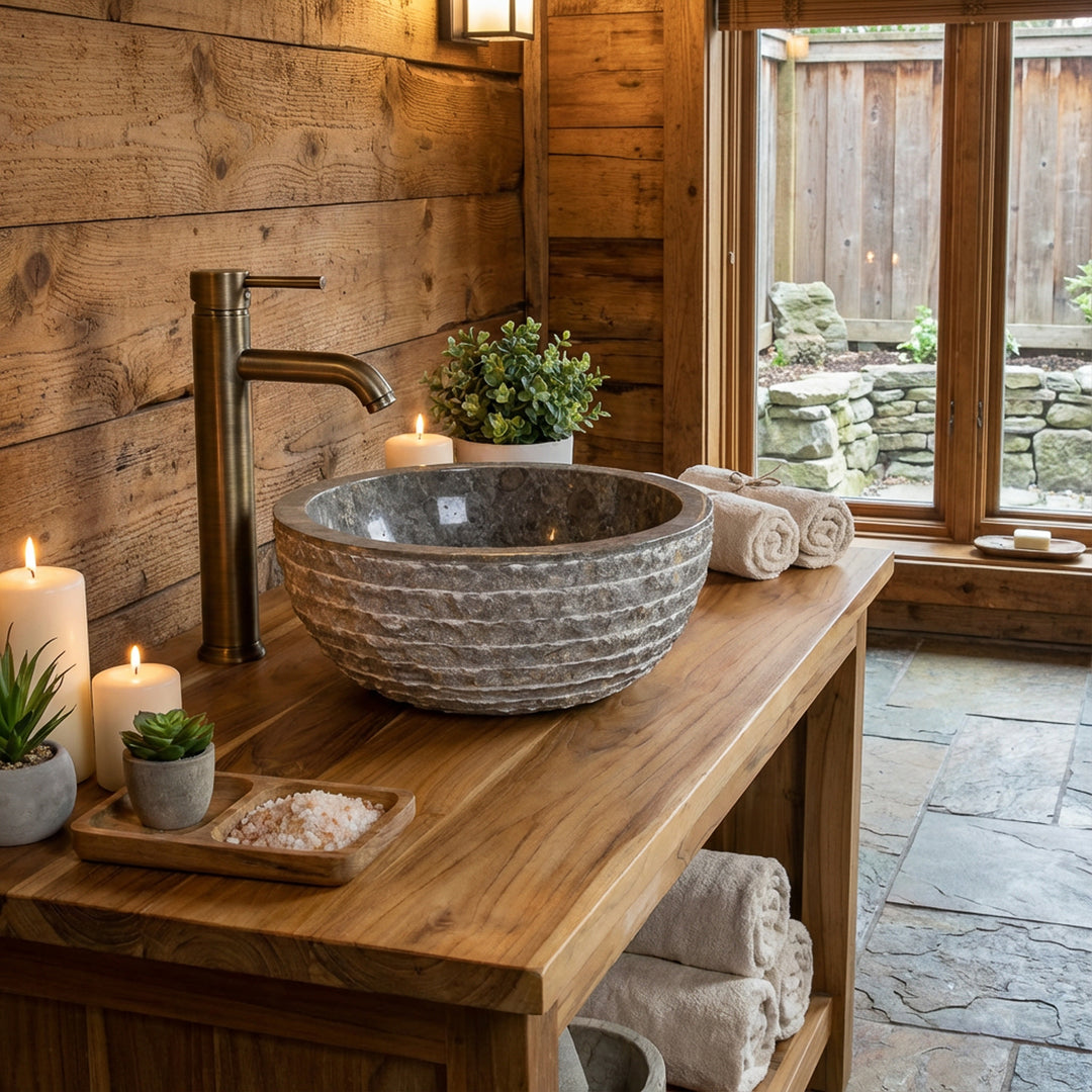 Lavabo rond en pierre comme lavabo à poser sur une console en bois, salle de bains rustique avec bougies, sol en pierre naturelle et lumière de fenêtre