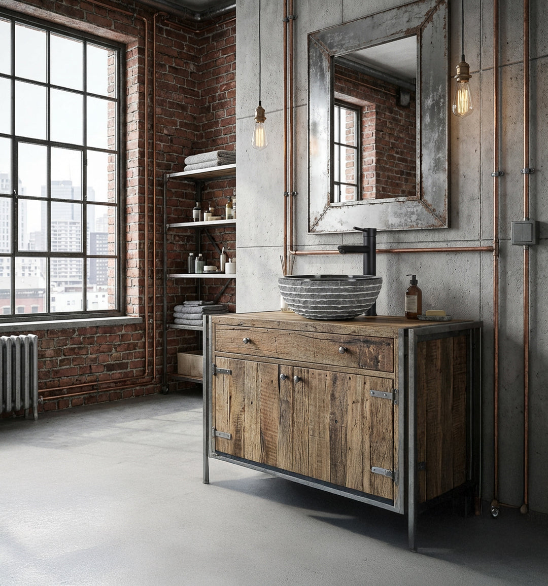 Lavabo rond à poser en pierre naturelle sur meuble-lavabo rustique en bois dans une salle de bains loft industriel avec mur de briques et robinet noir