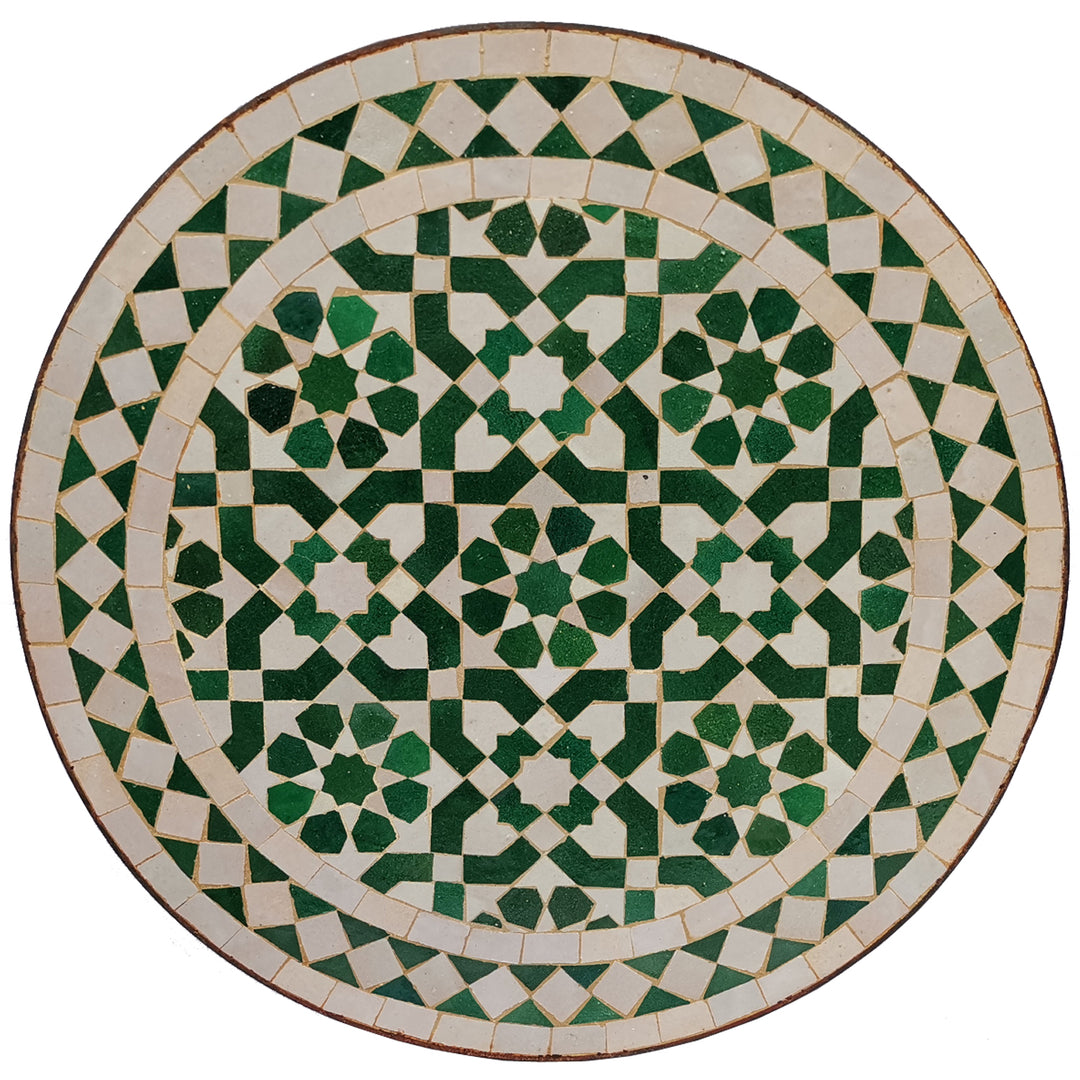 Table de balcon petite ronde 45 cm avec mosaïque de zellige vert et blanc et motif oriental